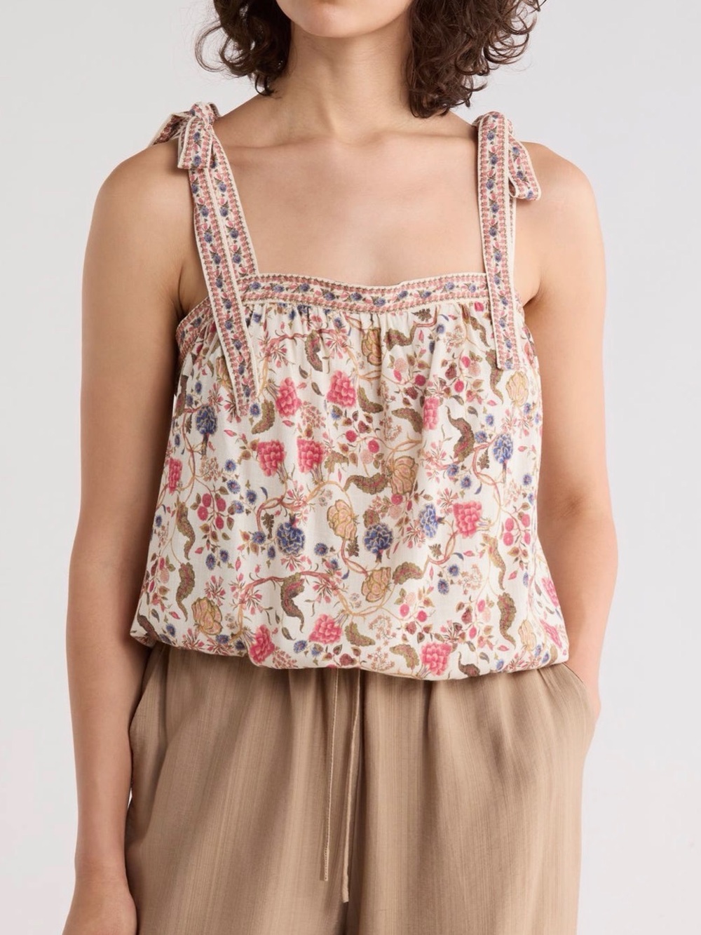 Max Studio Floral Tie-Shoulder Bubble Top